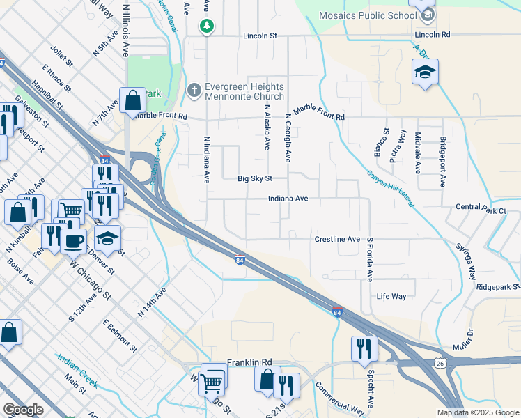 map of restaurants, bars, coffee shops, grocery stores, and more near 2315 Carter Court in Caldwell