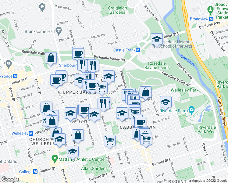 map of restaurants, bars, coffee shops, grocery stores, and more near 25 Saint James Avenue in Toronto