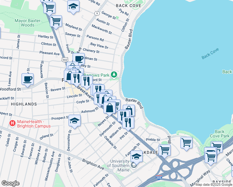 map of restaurants, bars, coffee shops, grocery stores, and more near 12 Belmont Street in Portland