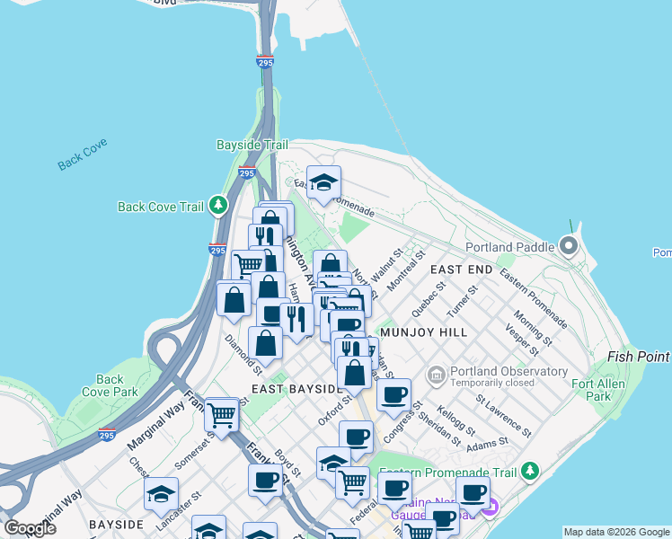 map of restaurants, bars, coffee shops, grocery stores, and more near 139 North Street in Portland