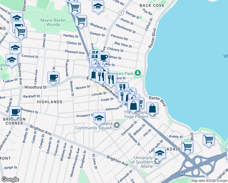 map of restaurants, bars, coffee shops, grocery stores, and more near 616 Forest Avenue in Portland