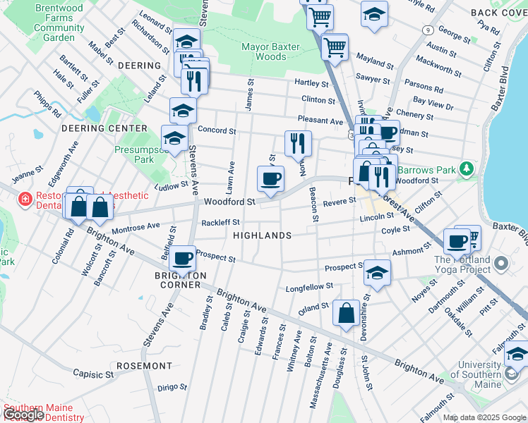 map of restaurants, bars, coffee shops, grocery stores, and more near 298 Woodford Street in Portland