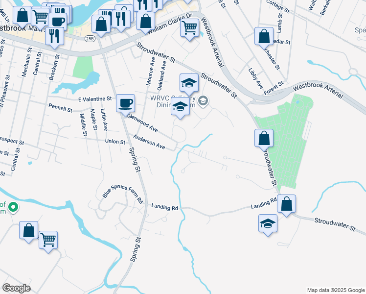 map of restaurants, bars, coffee shops, grocery stores, and more near 99 Glenwood Avenue in Westbrook