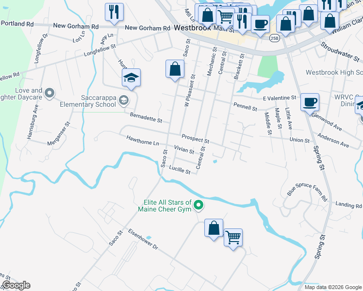 map of restaurants, bars, coffee shops, grocery stores, and more near 18 Vivian Street in Westbrook