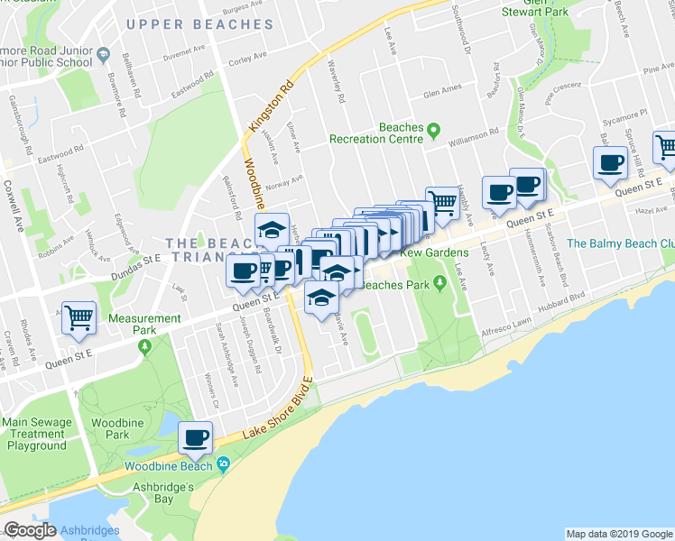 map of restaurants, bars, coffee shops, grocery stores, and more near in Toronto