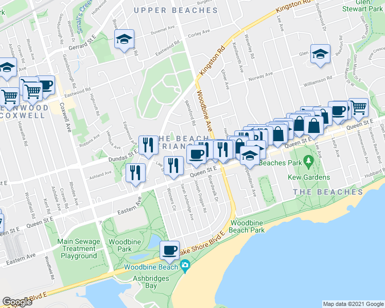 map of restaurants, bars, coffee shops, grocery stores, and more near in Toronto