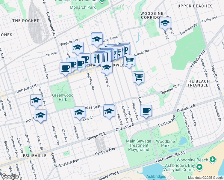 map of restaurants, bars, coffee shops, grocery stores, and more near 31 Hiawatha Road in Toronto