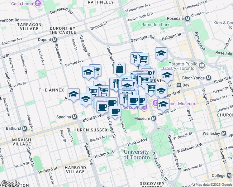 map of restaurants, bars, coffee shops, grocery stores, and more near 50 Prince Arthur Avenue in Toronto
