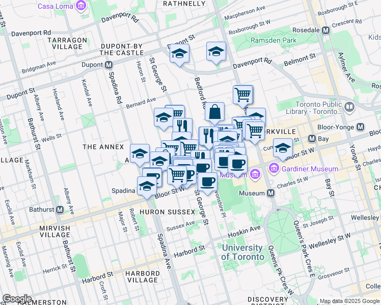 map of restaurants, bars, coffee shops, grocery stores, and more near in Toronto