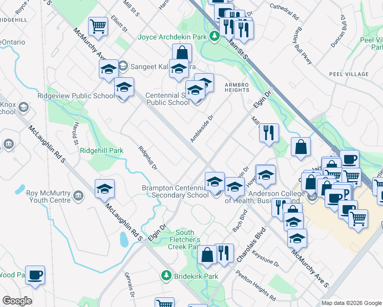 map of restaurants, bars, coffee shops, grocery stores, and more near 219 McMurchy Avenue South in Brampton