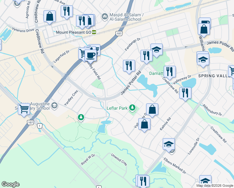 map of restaurants, bars, coffee shops, grocery stores, and more near 16 Alice Springs Crescent in Brampton
