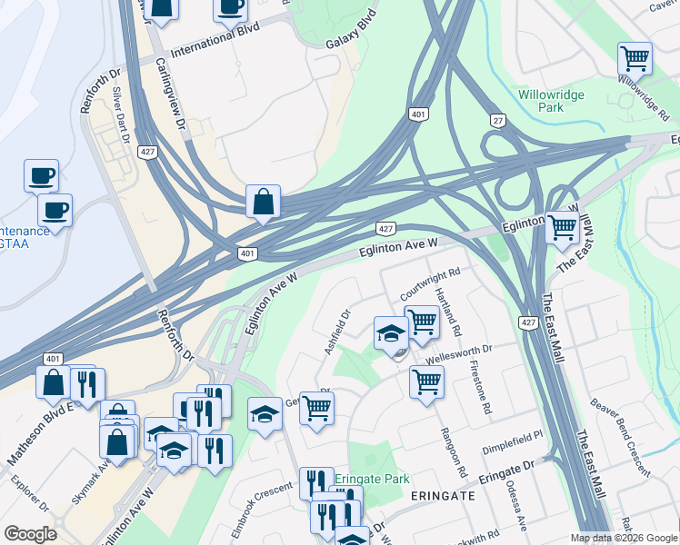 map of restaurants, bars, coffee shops, grocery stores, and more near 25 Hardwick Court in Toronto