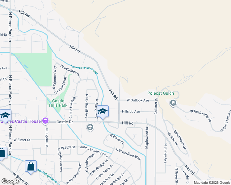 map of restaurants, bars, coffee shops, grocery stores, and more near 5327 West Hill Road in Boise