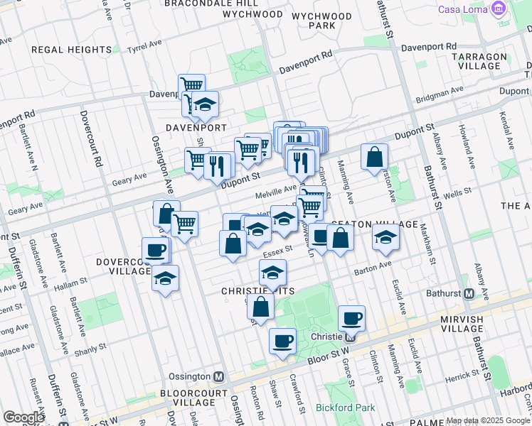 map of restaurants, bars, coffee shops, grocery stores, and more near Yarmouth Road in Toronto