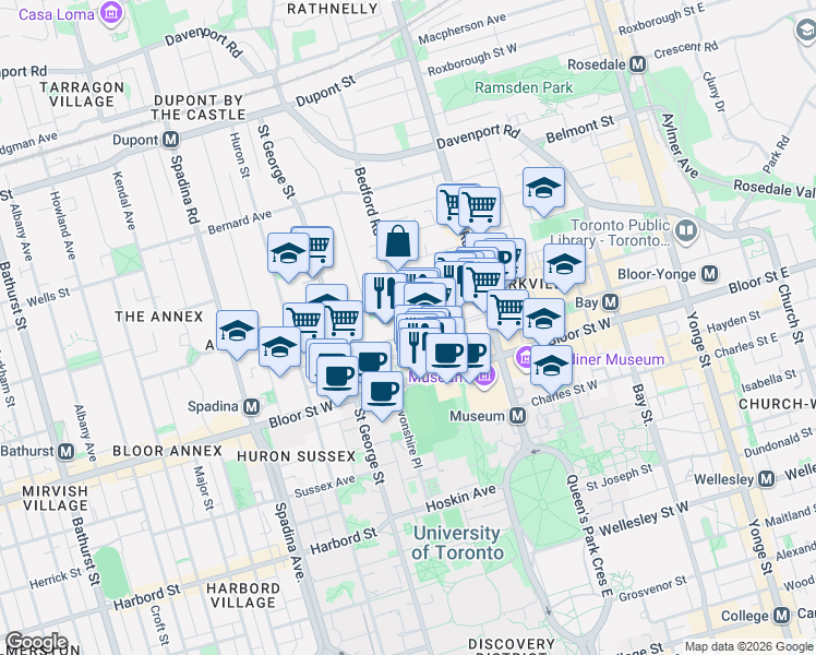 map of restaurants, bars, coffee shops, grocery stores, and more near 40 Prince Arthur Avenue in Toronto