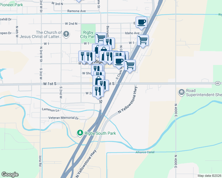 map of restaurants, bars, coffee shops, grocery stores, and more near 160 East 1st South in Rigby