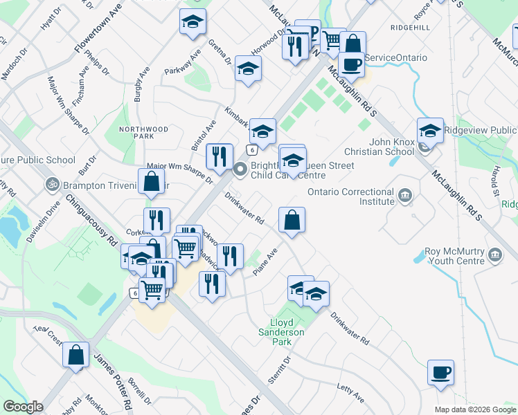 map of restaurants, bars, coffee shops, grocery stores, and more near in Brampton