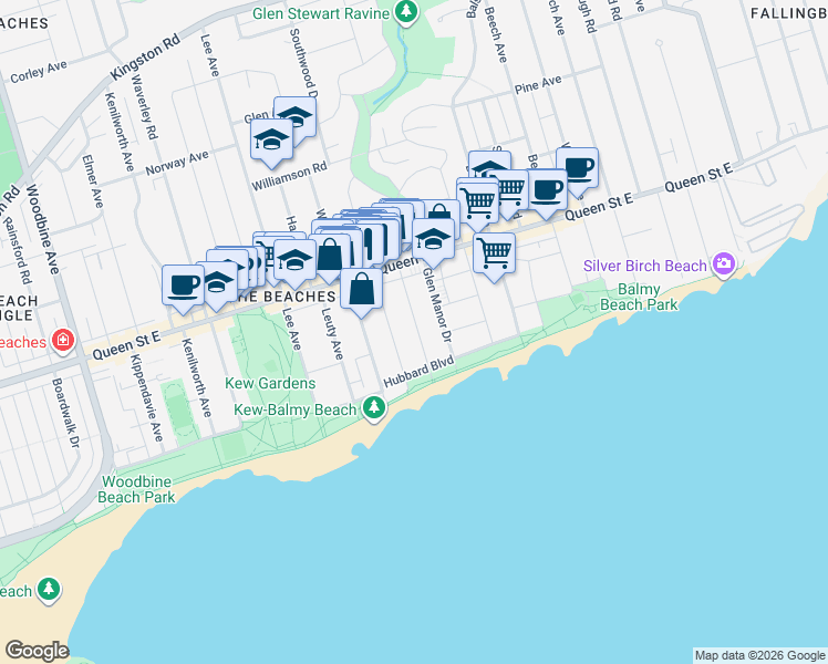 map of restaurants, bars, coffee shops, grocery stores, and more near 58 Scarboro Beach Boulevard in Toronto