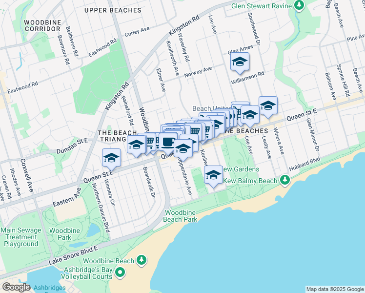 map of restaurants, bars, coffee shops, grocery stores, and more near 1930 Queen Street East in Toronto