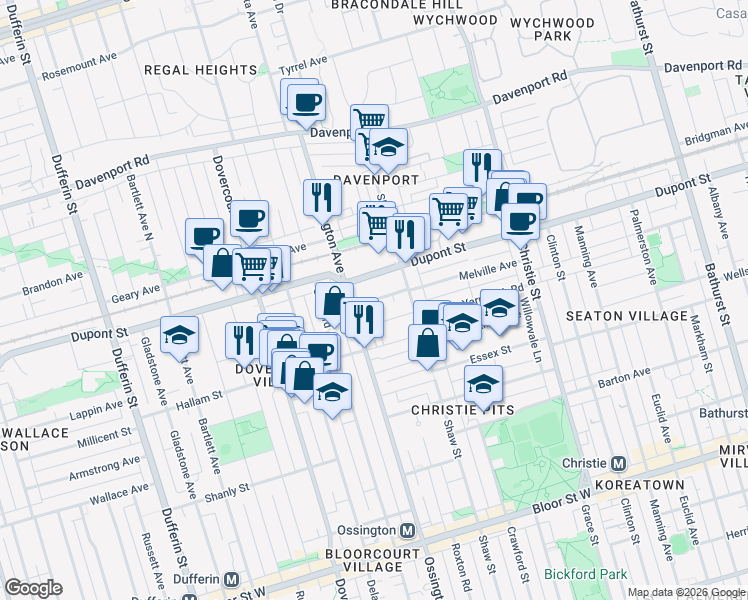 map of restaurants, bars, coffee shops, grocery stores, and more near Burnfield Avenue in Toronto