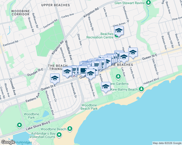 map of restaurants, bars, coffee shops, grocery stores, and more near 1934 Queen Street East in Toronto