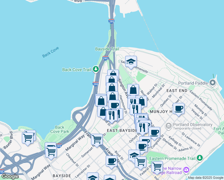 map of restaurants, bars, coffee shops, grocery stores, and more near 89 Cove Street in Portland