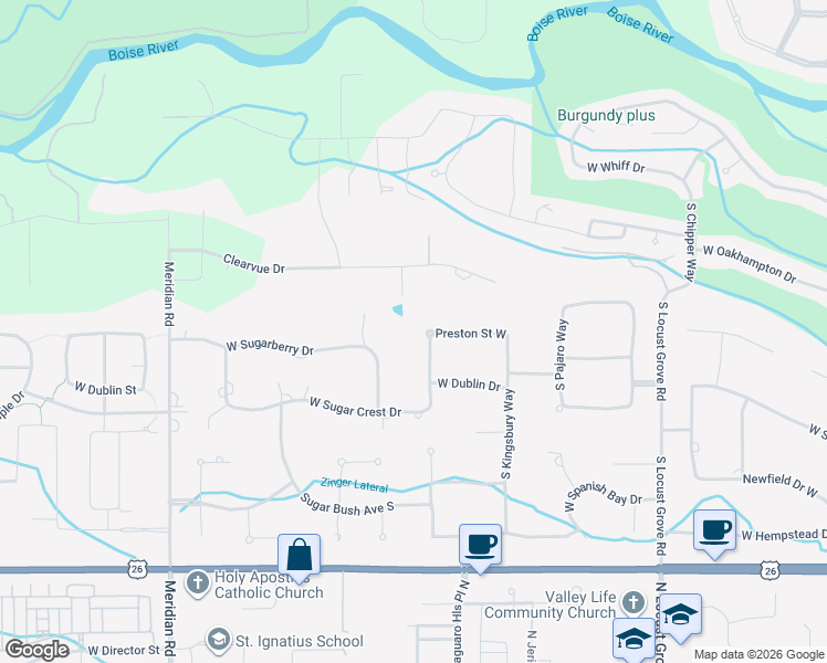 map of restaurants, bars, coffee shops, grocery stores, and more near 2320 West Preston Street in Eagle