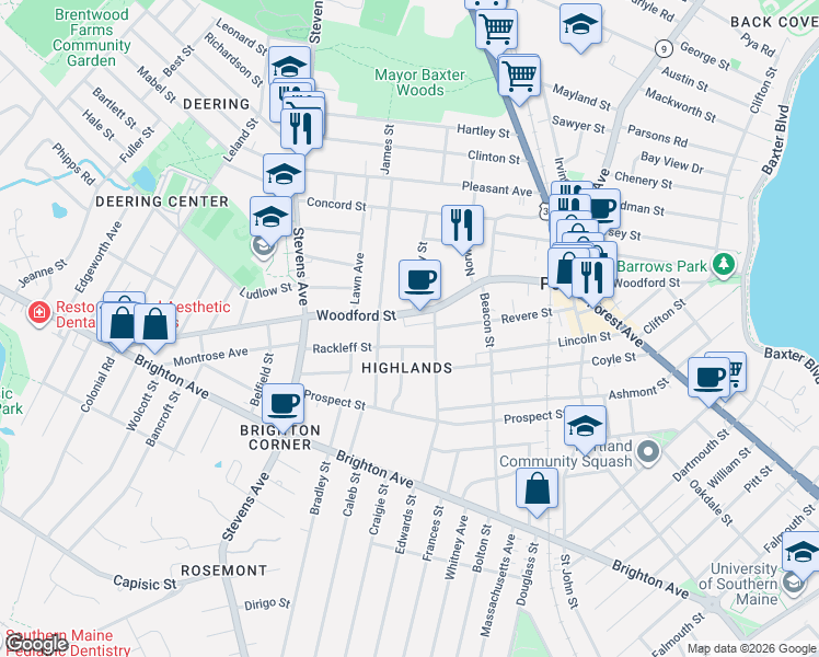 map of restaurants, bars, coffee shops, grocery stores, and more near 298 Woodford Street in Portland