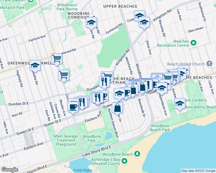 map of restaurants, bars, coffee shops, grocery stores, and more near 86 Kingston Road in Toronto