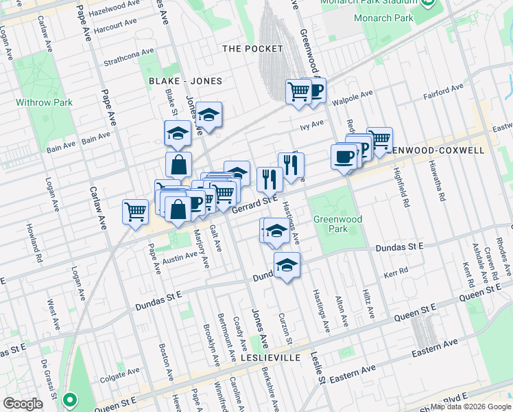 map of restaurants, bars, coffee shops, grocery stores, and more near 1107 Gerrard Street East in Toronto