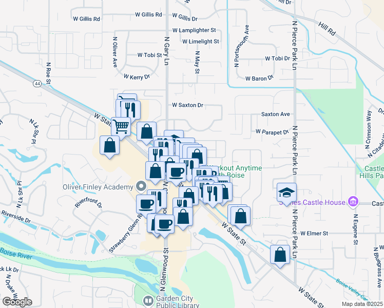 map of restaurants, bars, coffee shops, grocery stores, and more near 5450 Glenbrier Lane in Boise