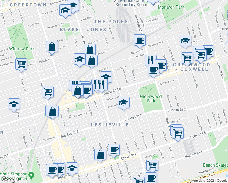 map of restaurants, bars, coffee shops, grocery stores, and more near 1115 Gerrard Street East in Toronto
