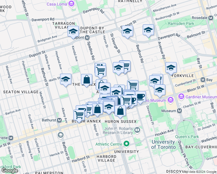 map of restaurants, bars, coffee shops, grocery stores, and more near 54 Madison Avenue in Toronto
