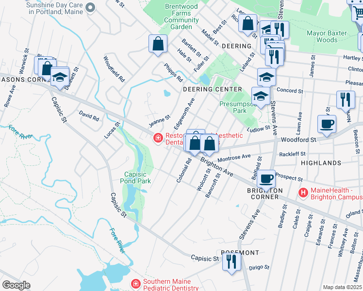 map of restaurants, bars, coffee shops, grocery stores, and more near 611 Brighton Avenue in Portland