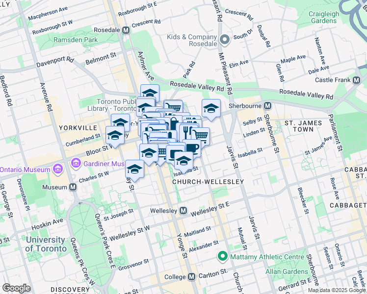 map of restaurants, bars, coffee shops, grocery stores, and more near 59 Hayden Street in Toronto