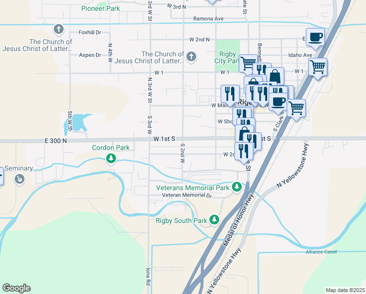 map of restaurants, bars, coffee shops, grocery stores, and more near 218 South 2nd West in Rigby
