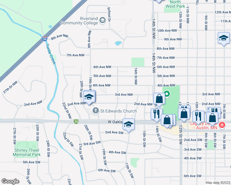 map of restaurants, bars, coffee shops, grocery stores, and more near 1900 3rd Avenue Northwest in Austin