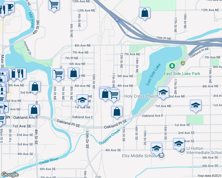 map of restaurants, bars, coffee shops, grocery stores, and more near 409 11th Street Northeast in Austin