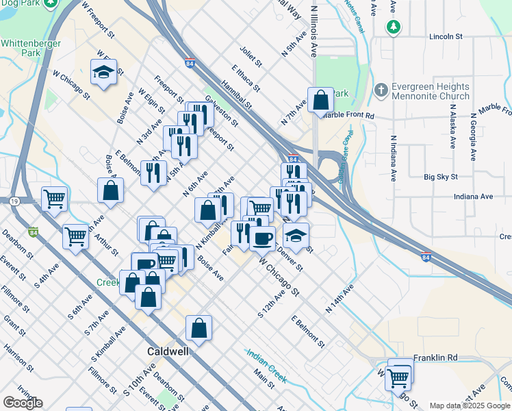 map of restaurants, bars, coffee shops, grocery stores, and more near 818 East Elgin Street in Caldwell