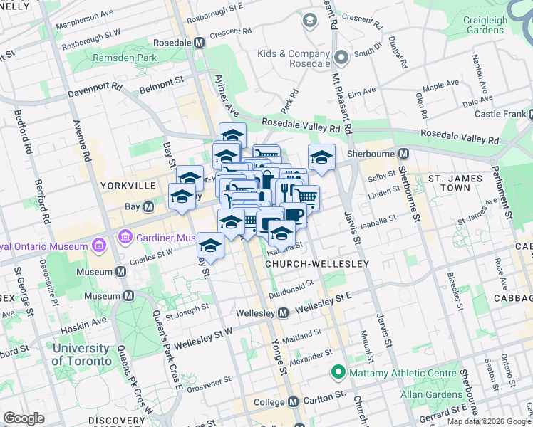 map of restaurants, bars, coffee shops, grocery stores, and more near 35 Hayden Street in Toronto