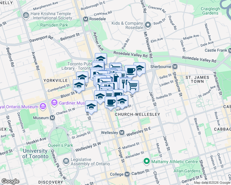 map of restaurants, bars, coffee shops, grocery stores, and more near in Toronto
