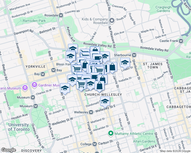 map of restaurants, bars, coffee shops, grocery stores, and more near 628 Church Street in Toronto