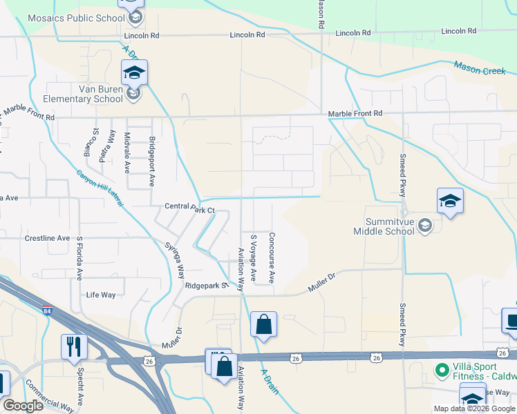 map of restaurants, bars, coffee shops, grocery stores, and more near 113 S Voyage Ave in Caldwell