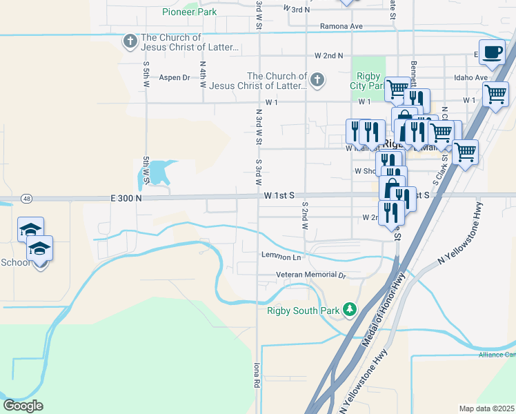 map of restaurants, bars, coffee shops, grocery stores, and more near 229 South 3rd West in Rigby