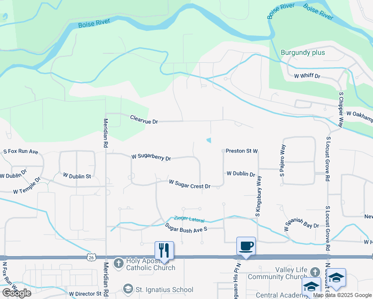 map of restaurants, bars, coffee shops, grocery stores, and more near 2634 West Sugarberry Drive in Eagle