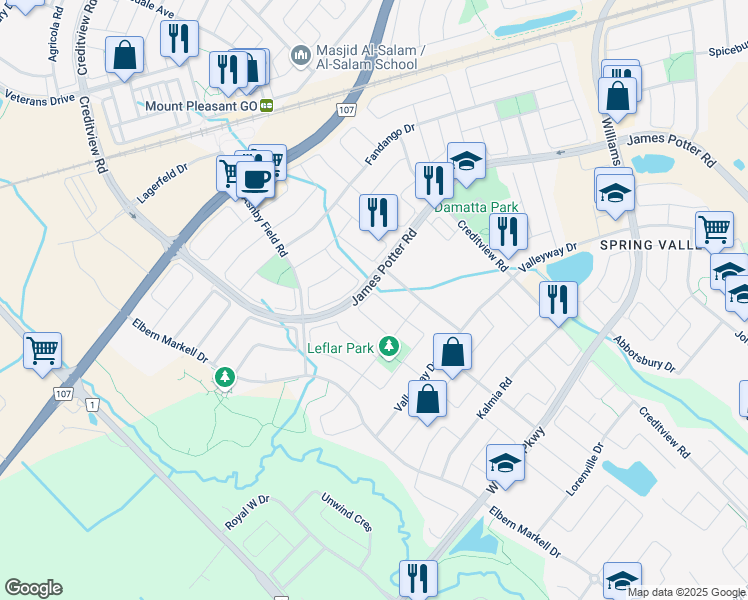map of restaurants, bars, coffee shops, grocery stores, and more near 31 Andretti Crescent in Brampton