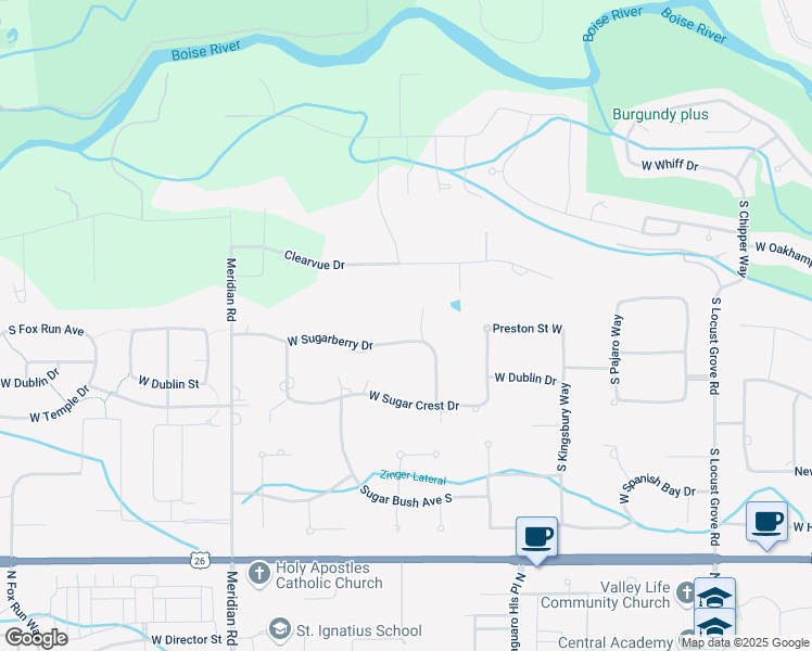 map of restaurants, bars, coffee shops, grocery stores, and more near 2634 West Sugarberry Drive in Eagle