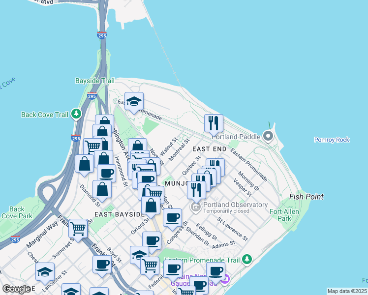map of restaurants, bars, coffee shops, grocery stores, and more near 28 Montreal Street in Portland
