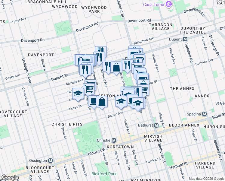 map of restaurants, bars, coffee shops, grocery stores, and more near 92 Olive Avenue in Toronto