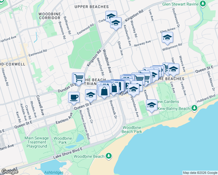 map of restaurants, bars, coffee shops, grocery stores, and more near 27 Rainsford Road in Toronto